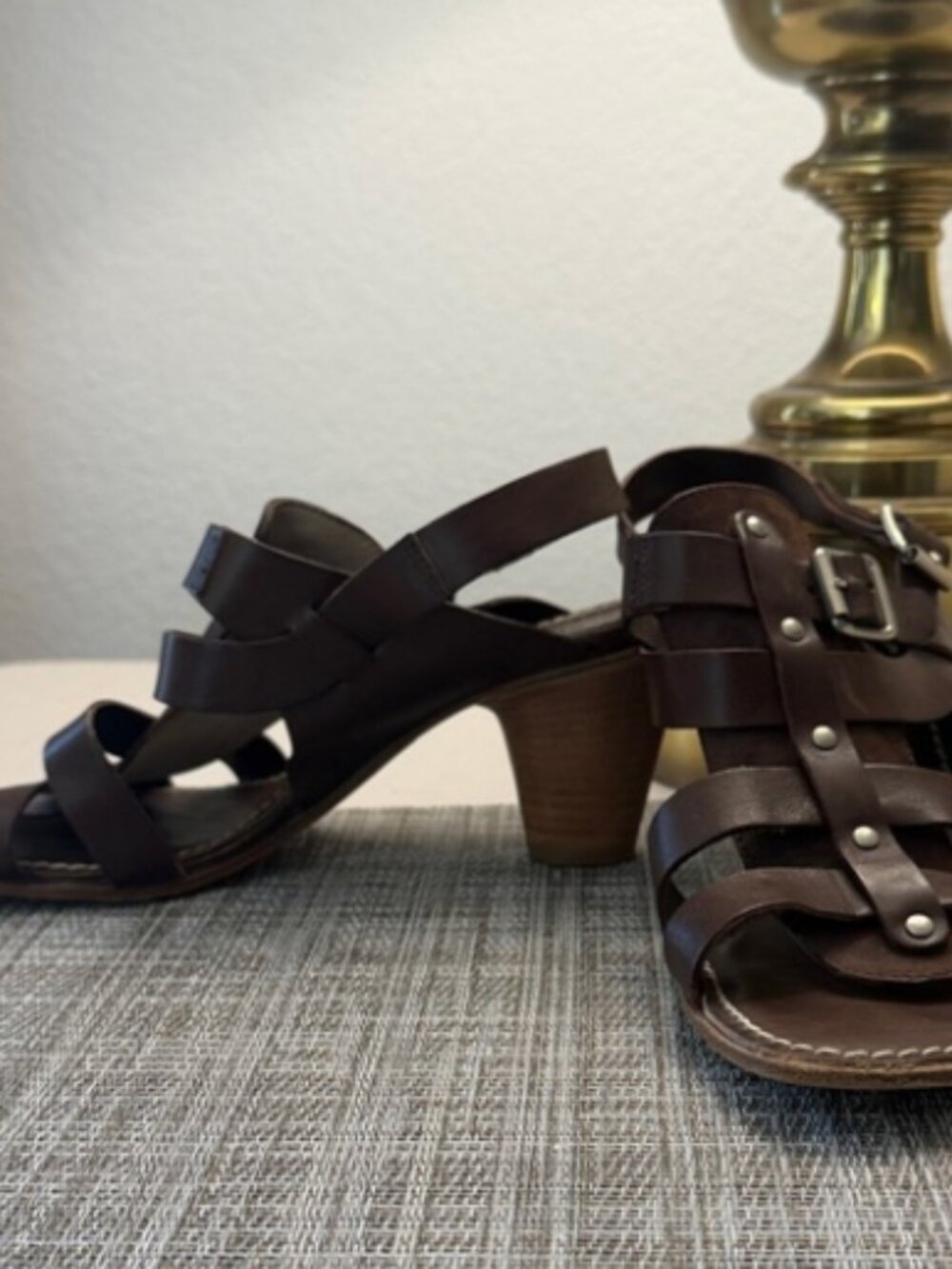 Agl Dark Brown Leather Strappy Mid-Heel Sandals